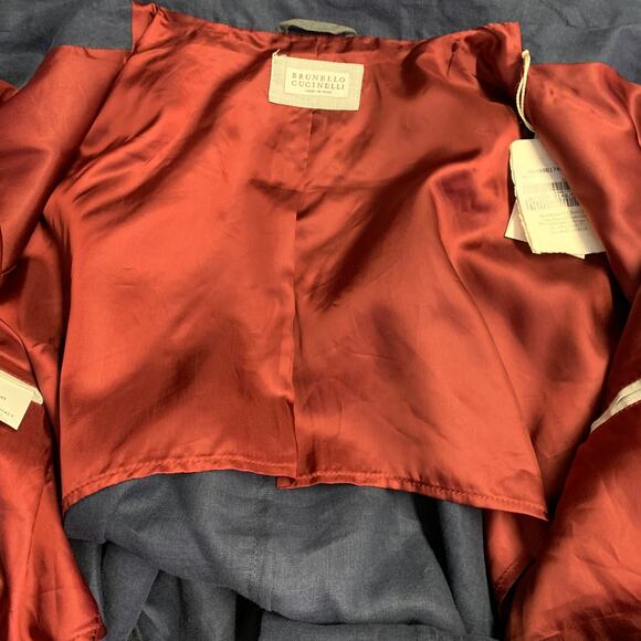 BRUNELLO CUCINELLI Size 40 Navy Red Twill Linen Snaps Jacket - Picture 10 of 10
